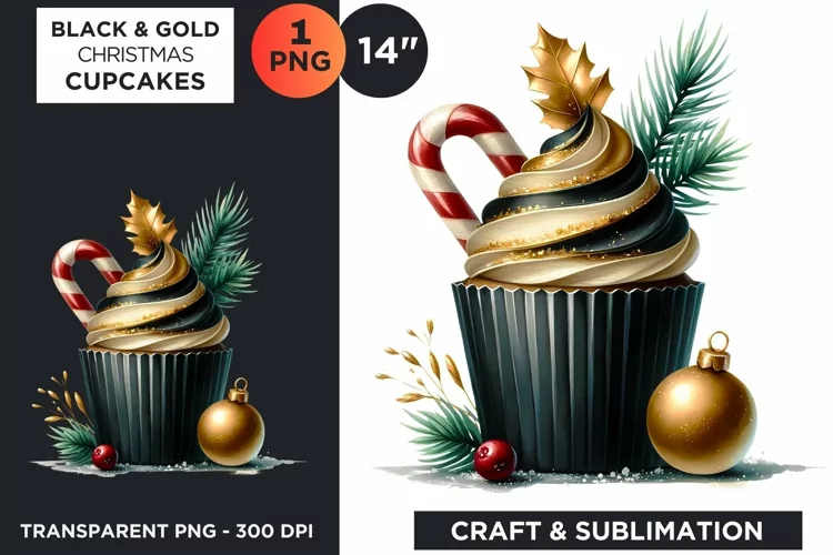 Black & Gold Christmas Cupcakes Clipart PNG