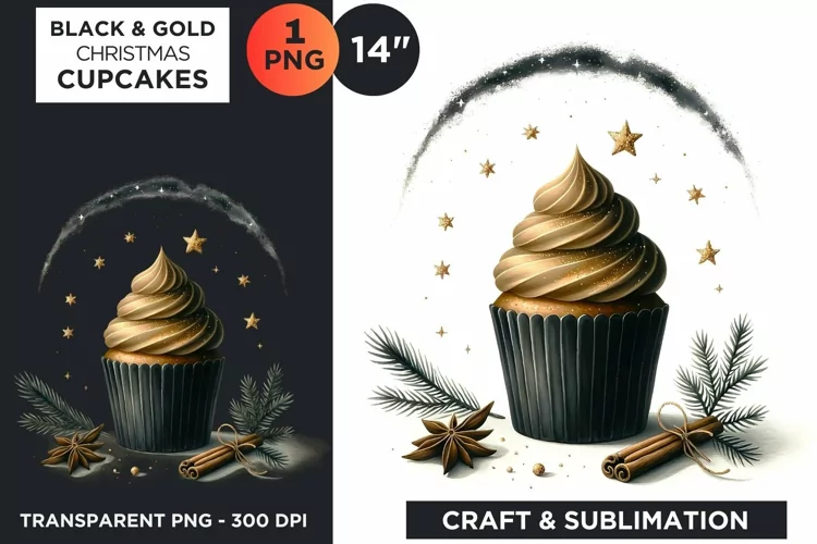 Black & Gold Christmas Cupcakes Clipart PNG