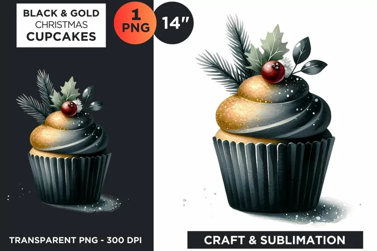 Black & Gold Christmas Cupcakes Clipart PNG
