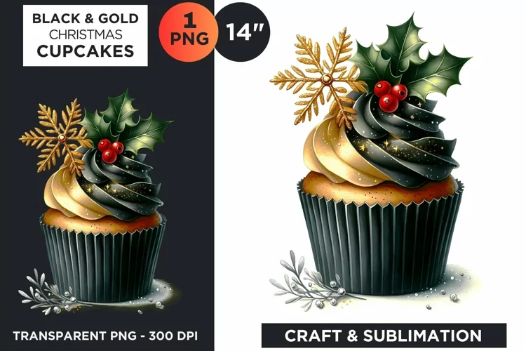Black & Gold Christmas Cupcakes Clipart PNG