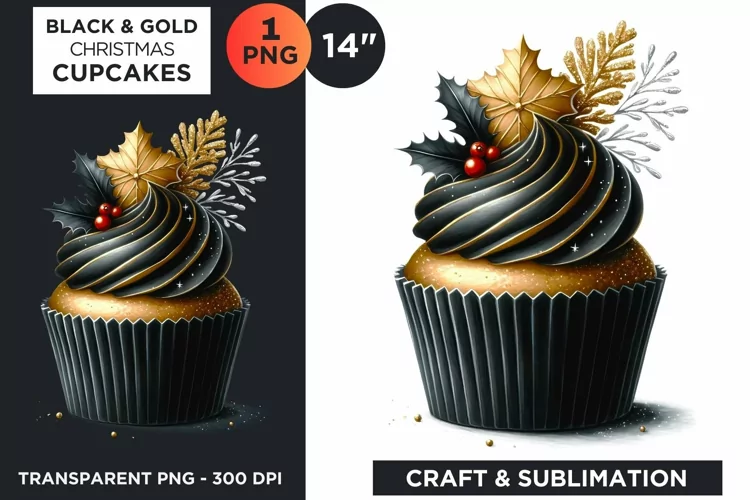 Black & Gold Christmas Cupcakes Clipart PNG