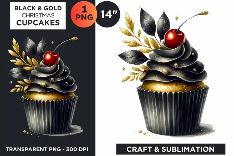 Black & Gold Christmas Cupcakes Clipart PNG