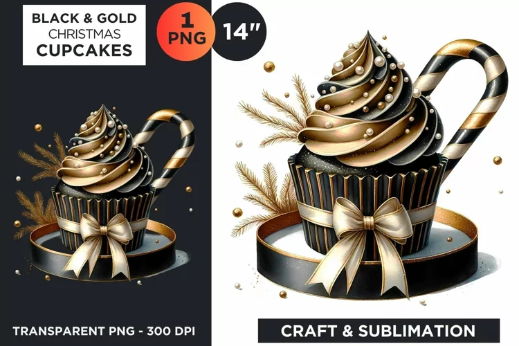 Black & Gold Christmas Cupcakes Clipart PNG