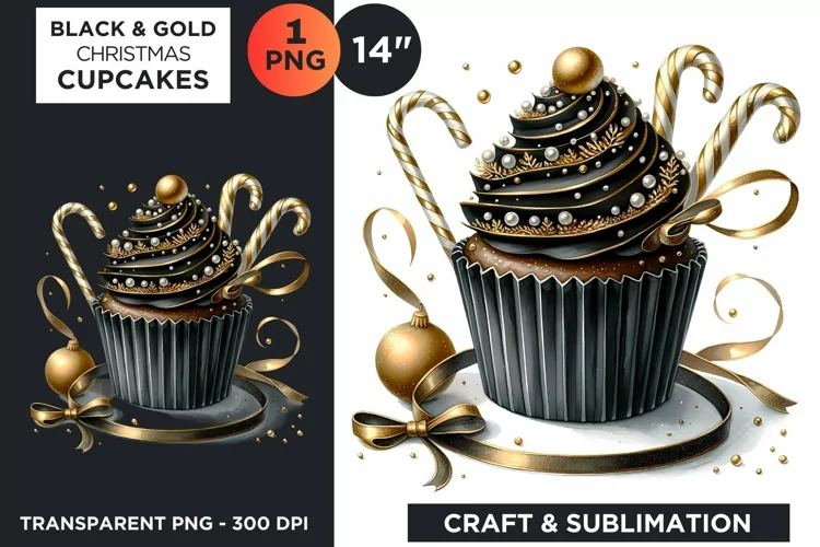 Black & Gold Christmas Cupcakes Clipart PNG