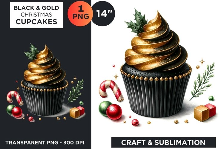 Black   Gold Christmas Cupcakes Clipart PNG