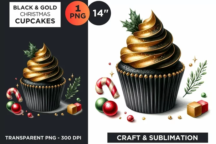 Black & Gold Christmas Cupcakes Clipart PNG