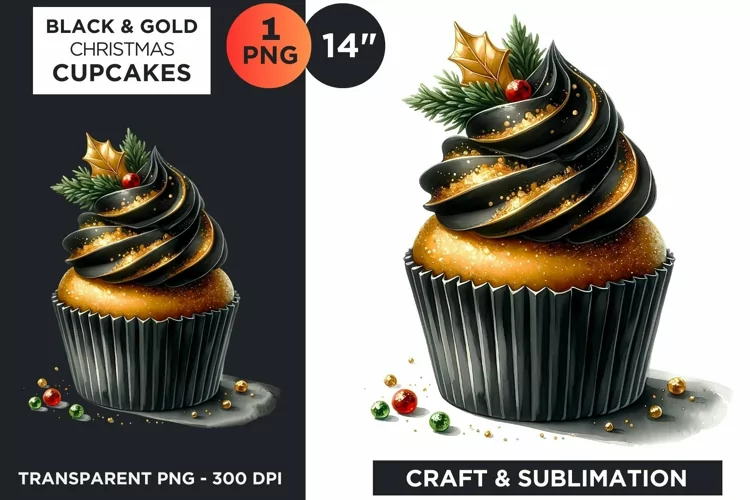 Black & Gold Christmas Cupcakes Clipart PNG