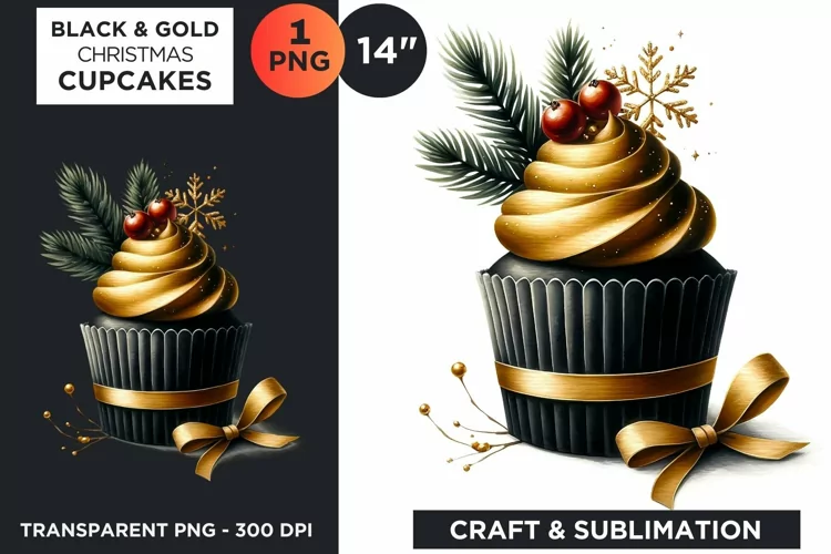 Black & Gold Christmas Cupcakes Clipart PNG