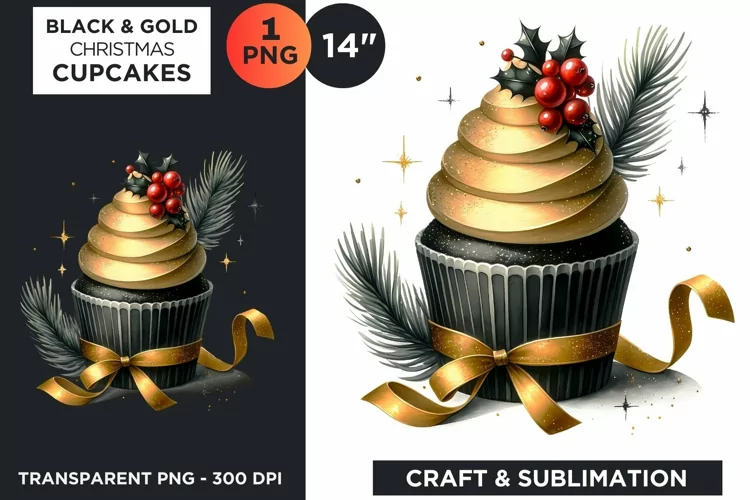 Black & Gold Christmas Cupcakes Clipart PNG