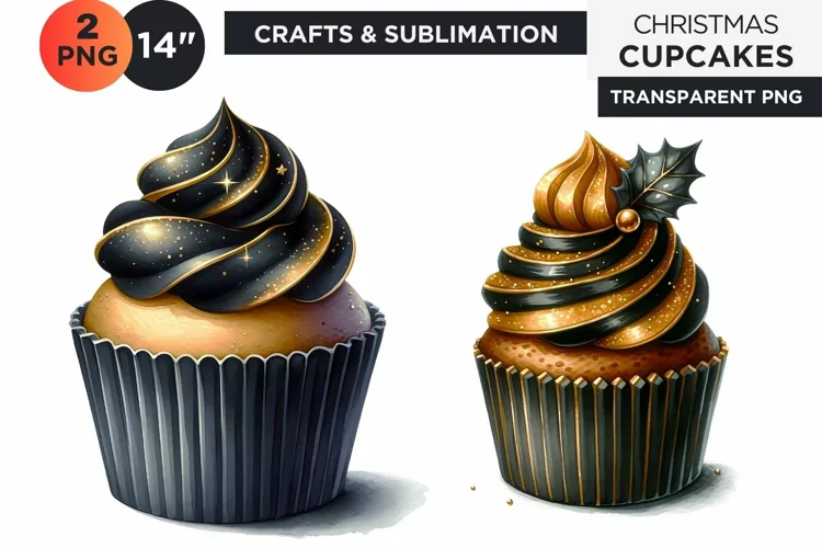 Black & Gold Christmas Cupcakes Clipart PNG