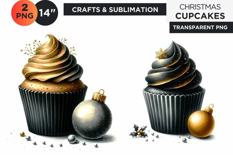 Black & Gold Christmas Cupcakes Clipart PNG