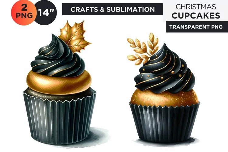 Black & Gold Christmas Cupcakes Clipart PNG