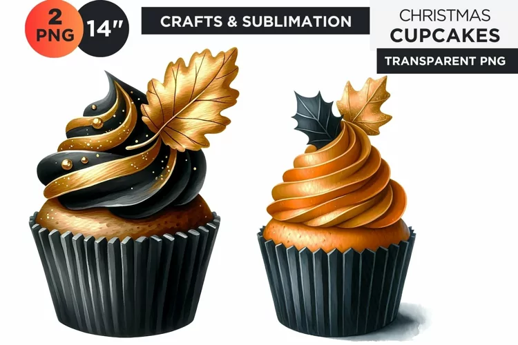 Black & Gold Christmas Cupcakes Clipart PNG