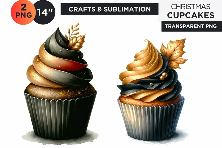 Black & Gold Christmas Cupcakes Clipart PNG