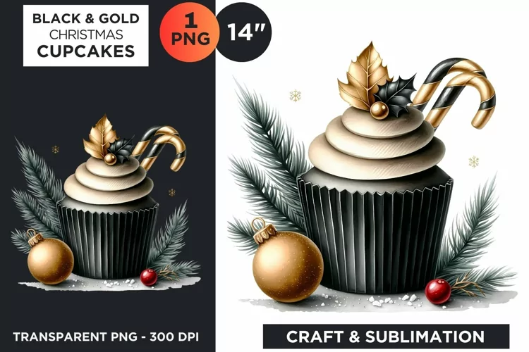 Black & Gold Christmas Cupcakes Clipart PNG