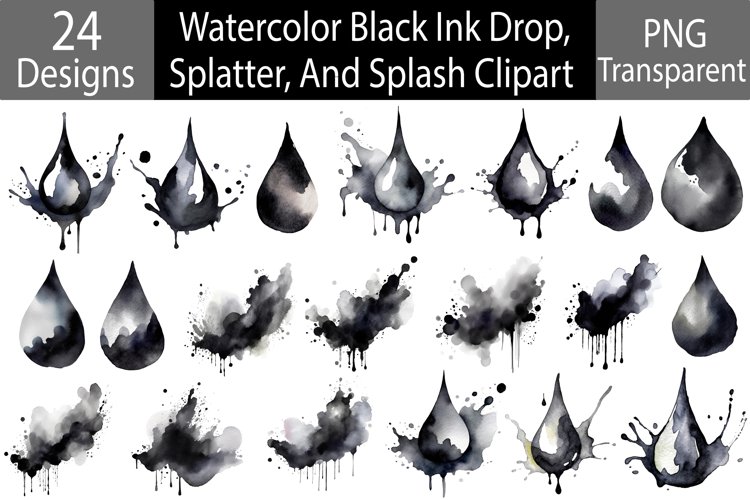 Watercolor Black Ink Drop, Splatter, And Splash Clipart example image 1