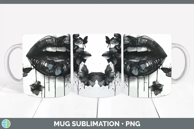 Watercolor Black Lips Mug Wrap Sublimation Coffee Cup Design