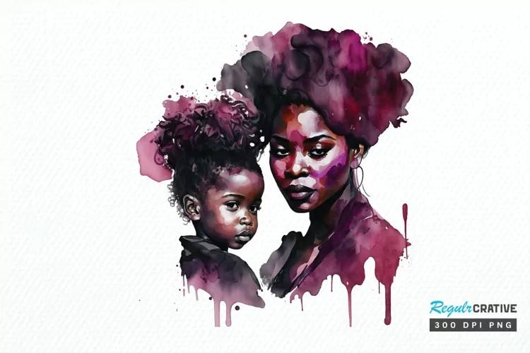 Watercolor black Mom and Daughter PNG Clipart