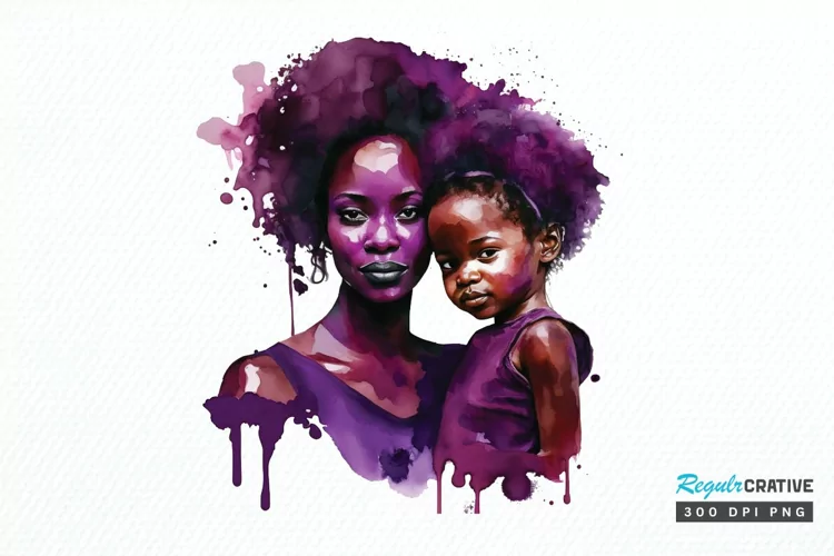 Watercolor black Mom and Daughter PNG Clipart
