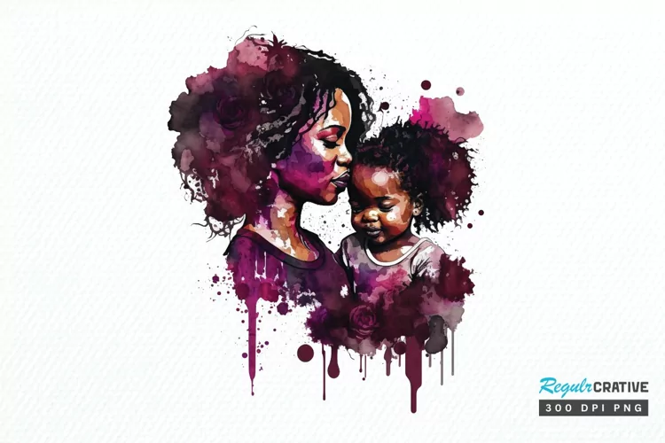 Watercolor black Mom and Daughter PNG Clipart