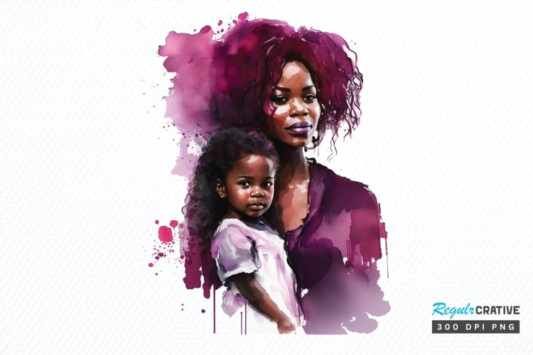 Watercolor black Mom and Daughter PNG Clipart