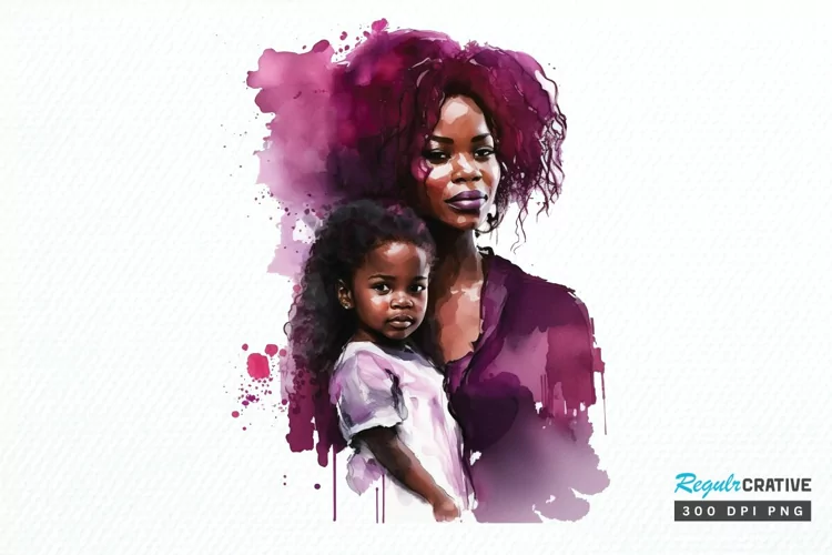 Watercolor black Mom and Daughter PNG Clipart