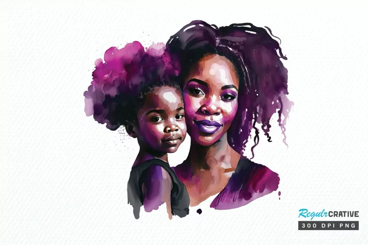 Watercolor black Mom and Daughter PNG Clipart