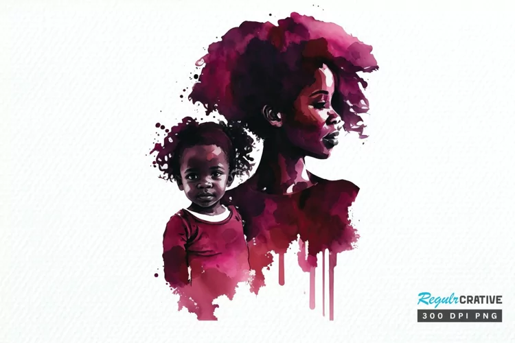 Watercolor black Mom and Daughter PNG Clipart