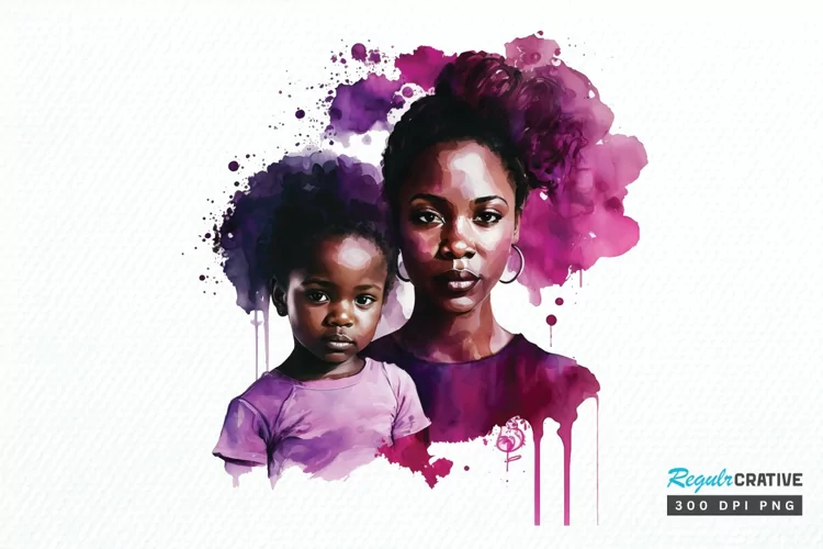 Watercolor black Mom and Daughter PNG Clipart
