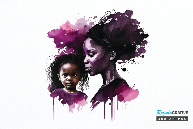 Watercolor black Mom and Daughter PNG Clipart