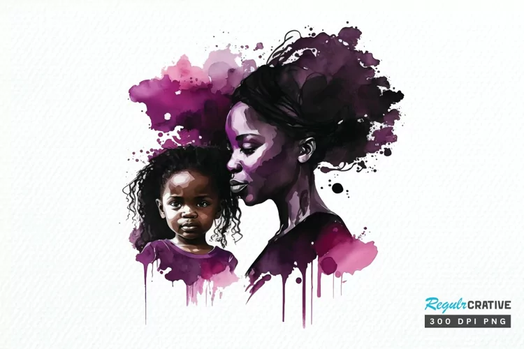 Watercolor black Mom and Daughter PNG Clipart