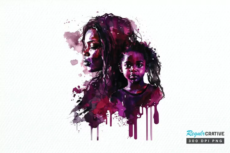 Watercolor black Mom and Daughter PNG Clipart