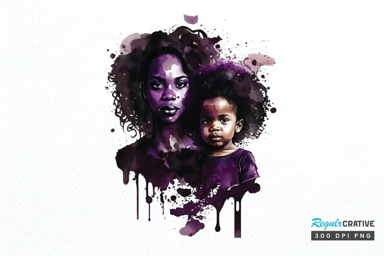 Watercolor black Mom and Daughter PNG Clipart