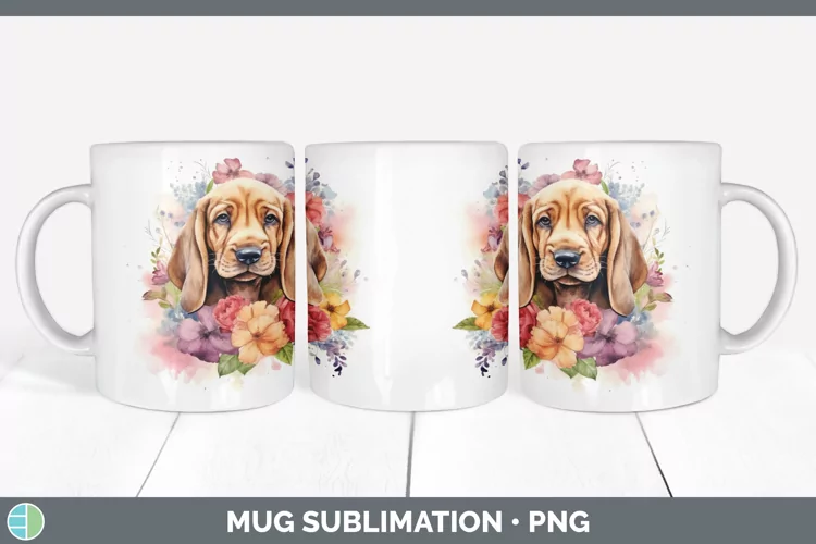 Watercolor Bloodhound Dog Mug Wrap | Sublimation Coffee Cup