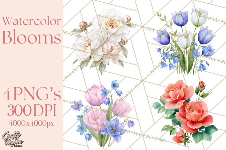 Soft Watercolor Floral Clipart, Spring Bouquets, Flowers PNG