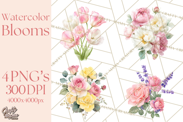 Soft Watercolor Floral Clipart, Spring Bouquets, Flowers PNG