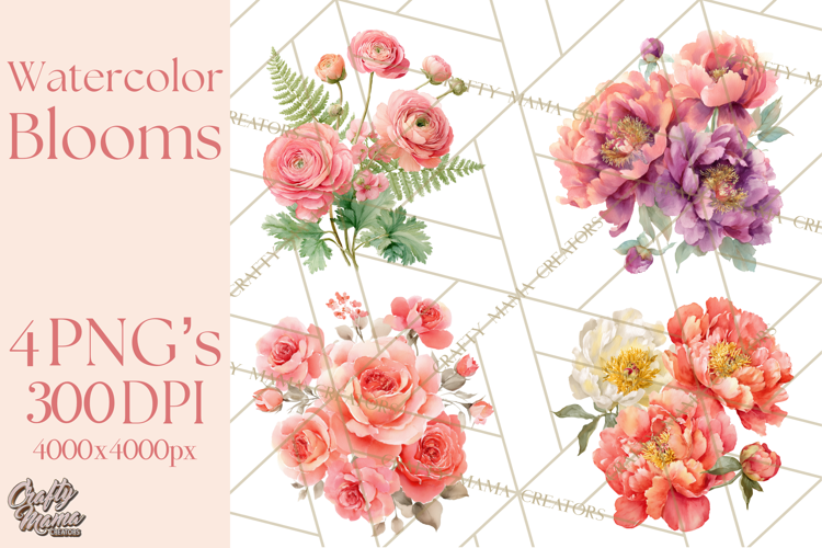 Soft Watercolor Floral Clipart, Spring Bouquets, Flowers PNG