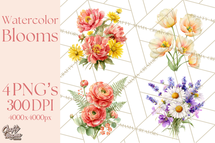 Soft Watercolor Floral Clipart, Spring Bouquets, Flowers PNG