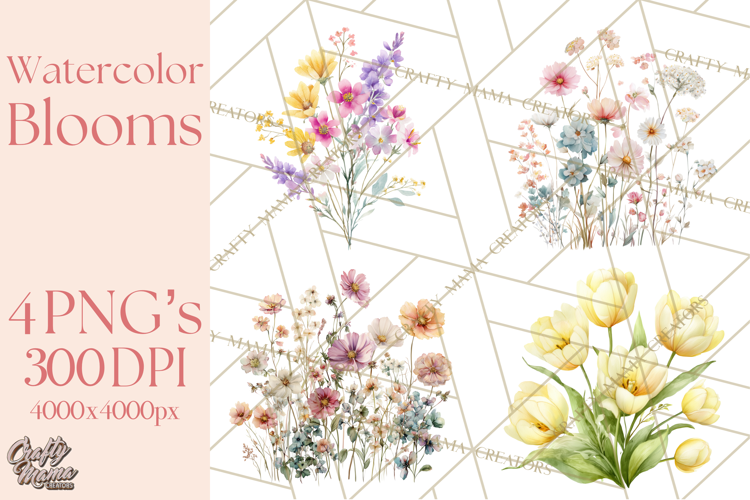 Soft Watercolor Floral Clipart, Spring Bouquets, Flowers PNG