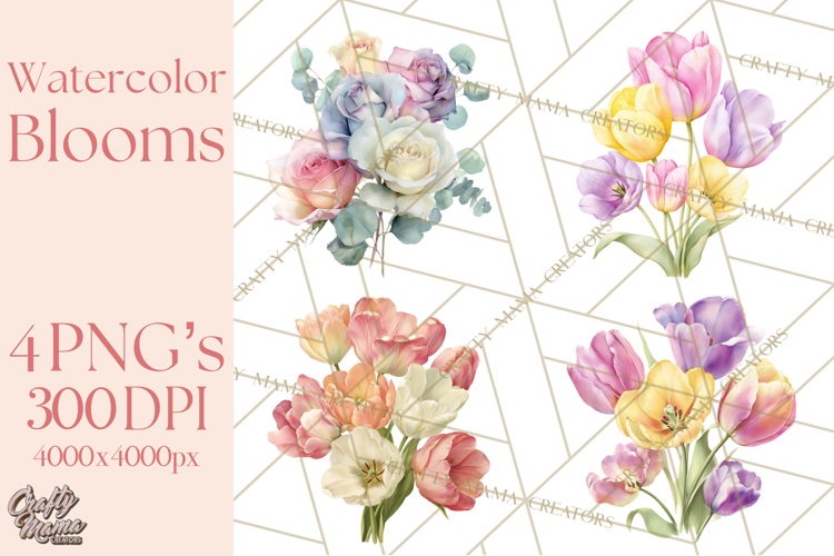 Soft Watercolor Floral Clipart, Spring Bouquets, Flowers PNG