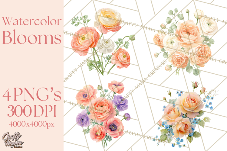 Soft Watercolor Floral Clipart, Spring Bouquets, Flowers PNG