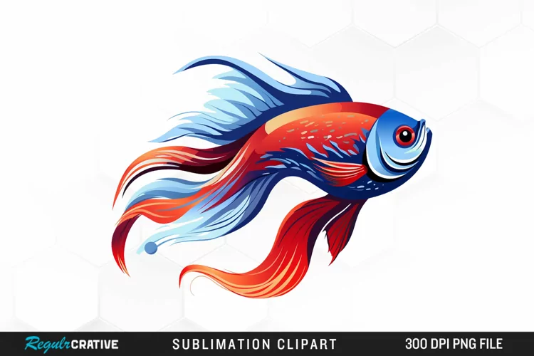 Watercolor Blue And Red Doodle Fish Design Clipart