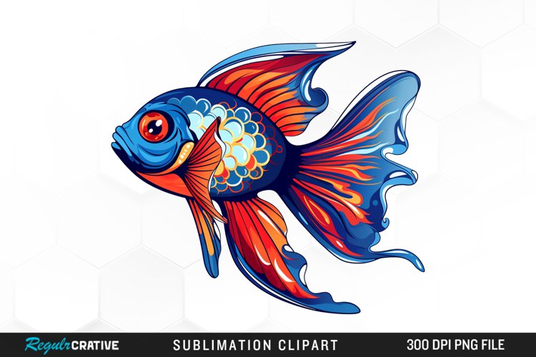 Watercolor Blue And Red Doodle Fish Design Clipart