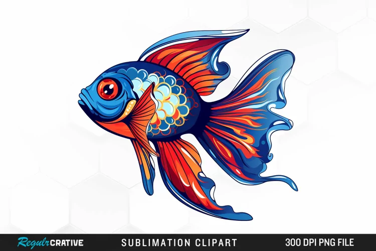 Watercolor Blue And Red Doodle Fish Design Clipart