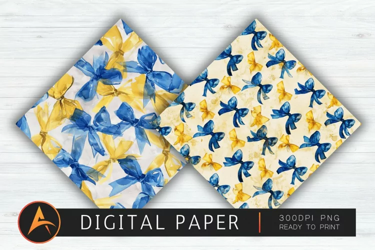 Watercolor Blue and Yellow Coquette Bows Digital Paper PNG