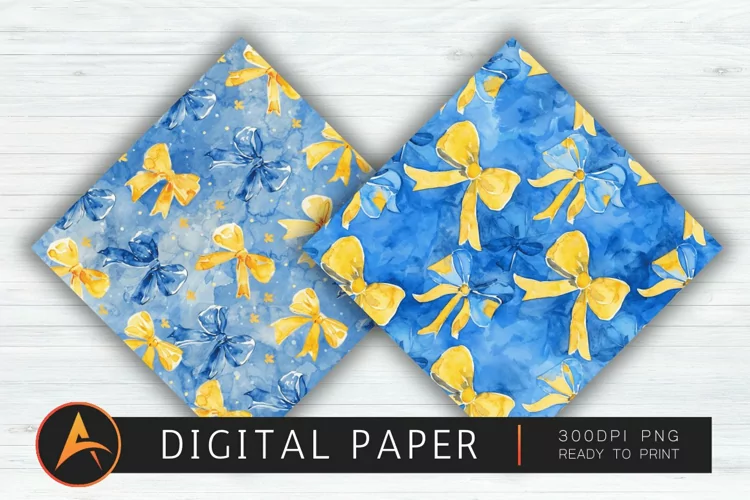 Watercolor Blue and Yellow Coquette Bows Scrapbook Paper