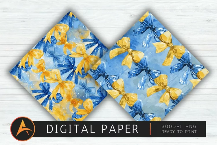 Watercolor Blue and Yellow Coquette Bows Digital Paper