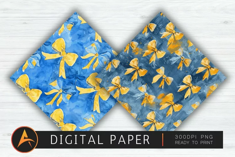 Watercolor Blue and Yellow Coquette Bows Digital Paper