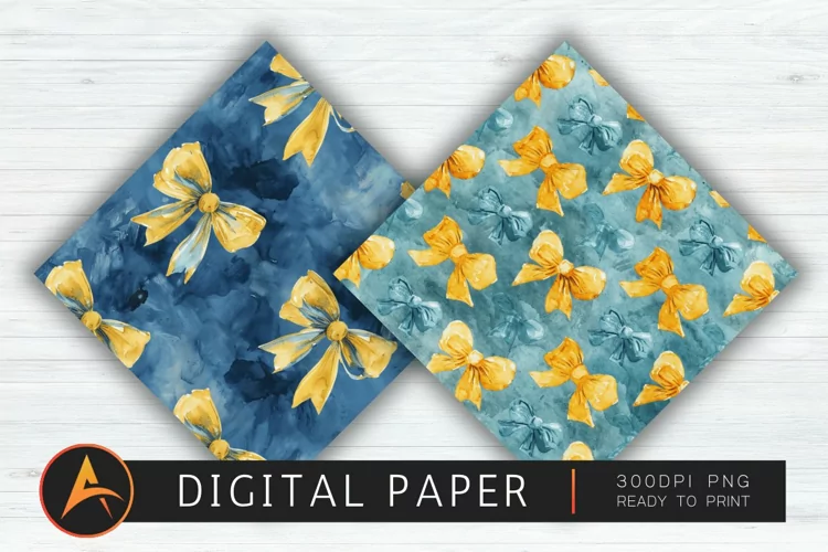 Watercolor Blue and Yellow Coquette Bows Digital Paper PNG
