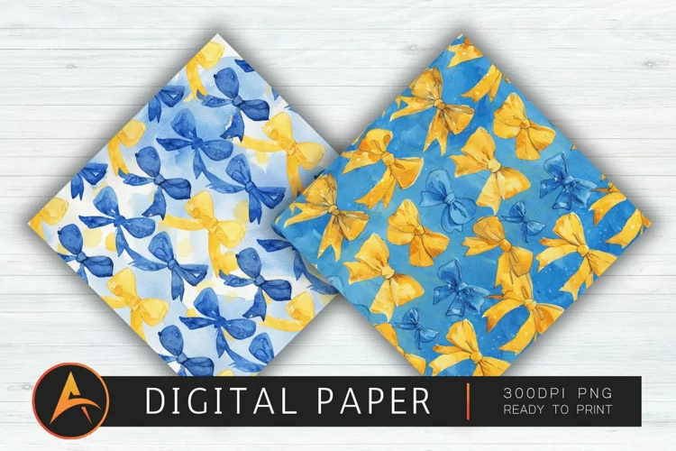 Watercolor Blue and Yellow Coquette Bows Digital Paper